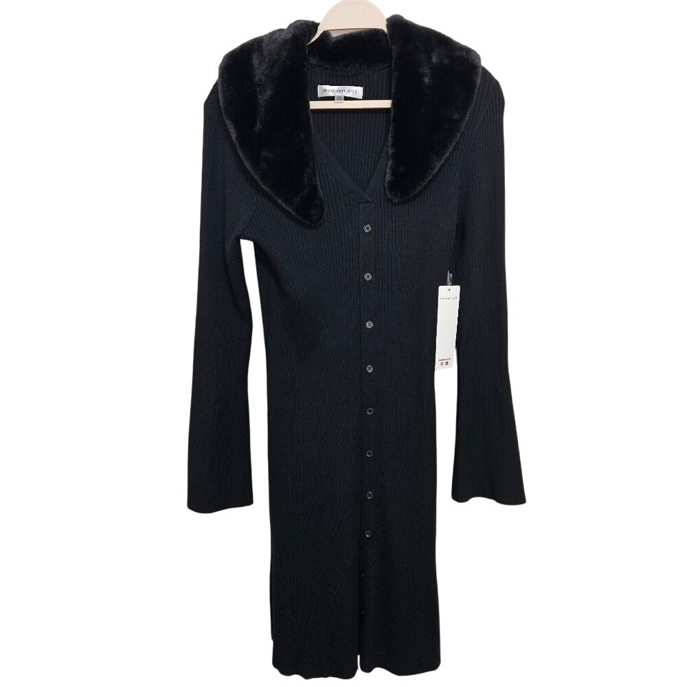 Madden Girl NWT Sweater Dress Midi Faux Fur Collar Whimsigoth Cozy Black Knit 1X